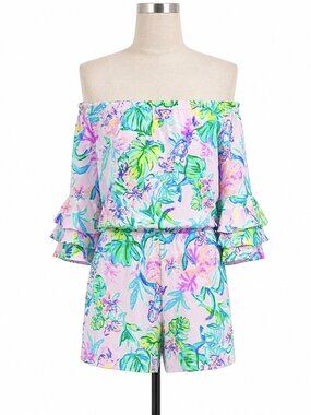 Lilly Pulitzer Pink Tropical Off-Shoulder Romper XS